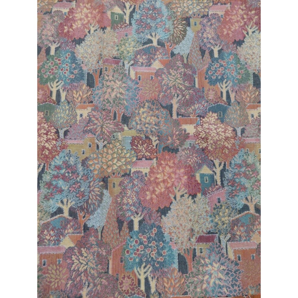Vintage 1990's Designer Tapestry Upholstery Fabric Colorful Houses Trees 23"x54"